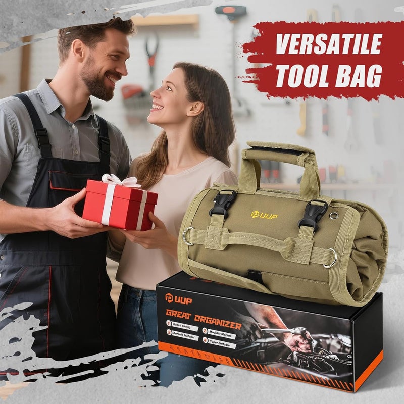 UUP Tool Bag Roll Up, Heavy Duty Rolled Empty Tool Storage Organization, Portable Foldable Rollup Organizer with 2 Small Pouches, Rollable Carrying Toolbag, Dad Men Mechanic Birthday Gifts, Khaki - Image 4
